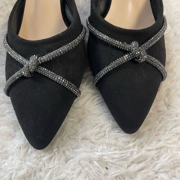 Classique synthetic black suede mules jewel knot accent rhinestone heels SZ10M - Picture 9 of 10